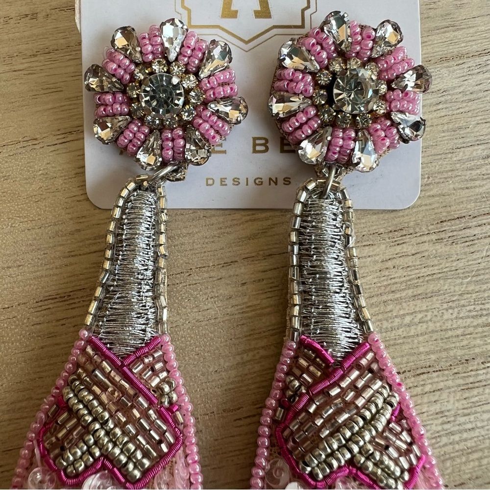 New Monkees of Winter Park Pink Rose Bottle Beaded Sequin Dangle Post Earrings - Picture 8 of 9